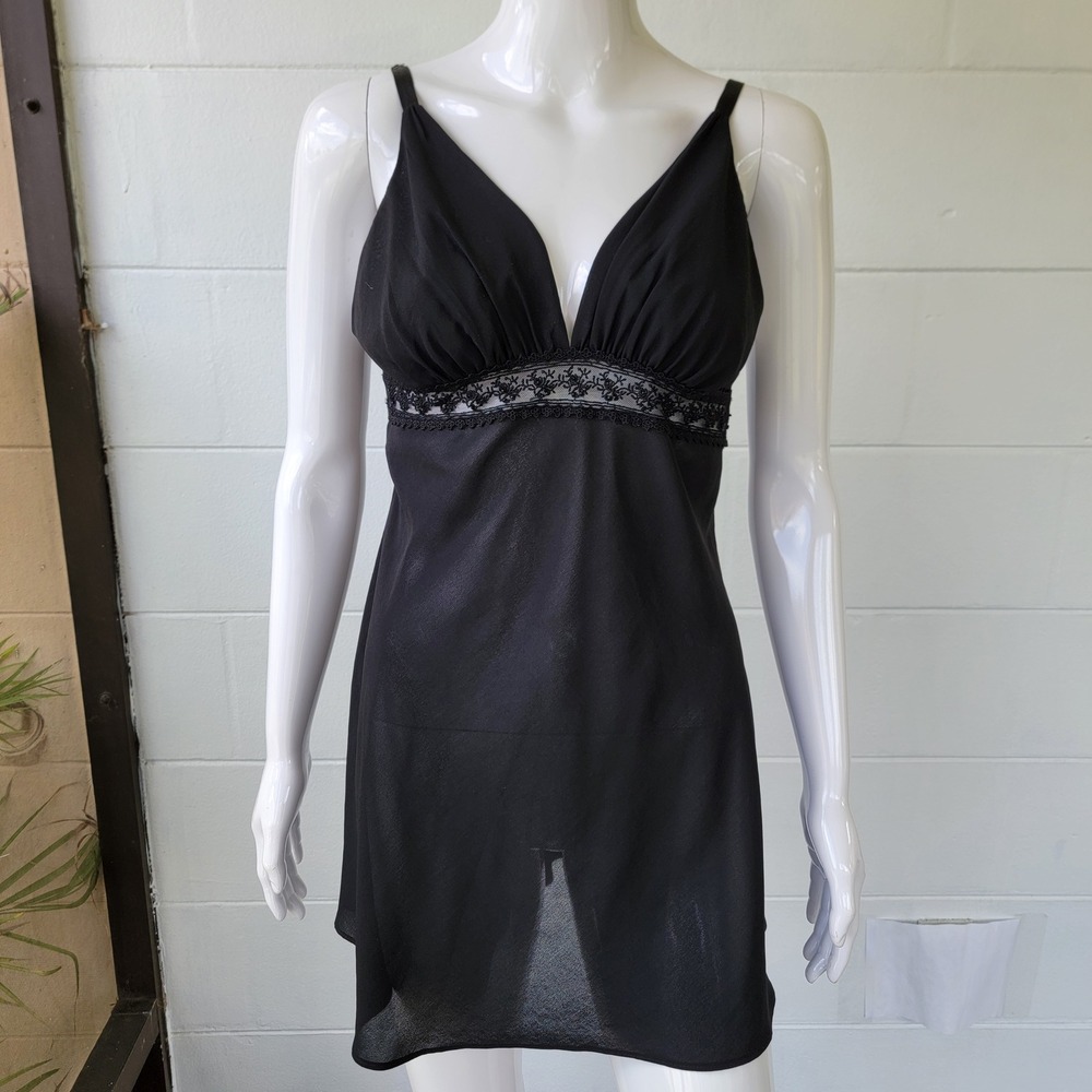 VTG Y2K Jones New York Chemise Nightgown Black Size M Lace Empire Waist Coquette